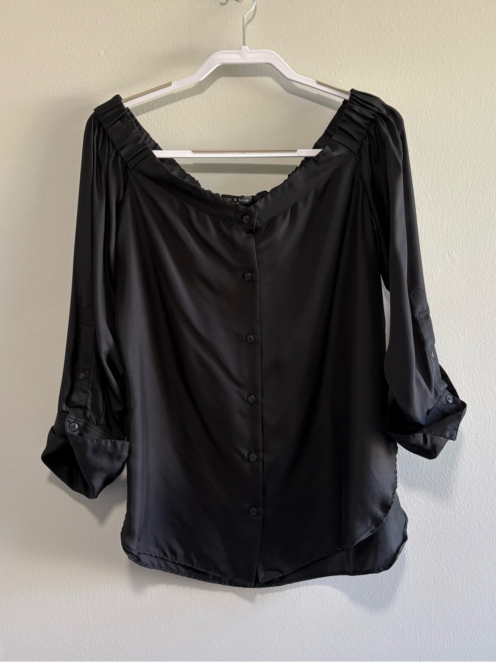 rag & bone Black 100% Silk Off Shoulder Button Front Blouse L